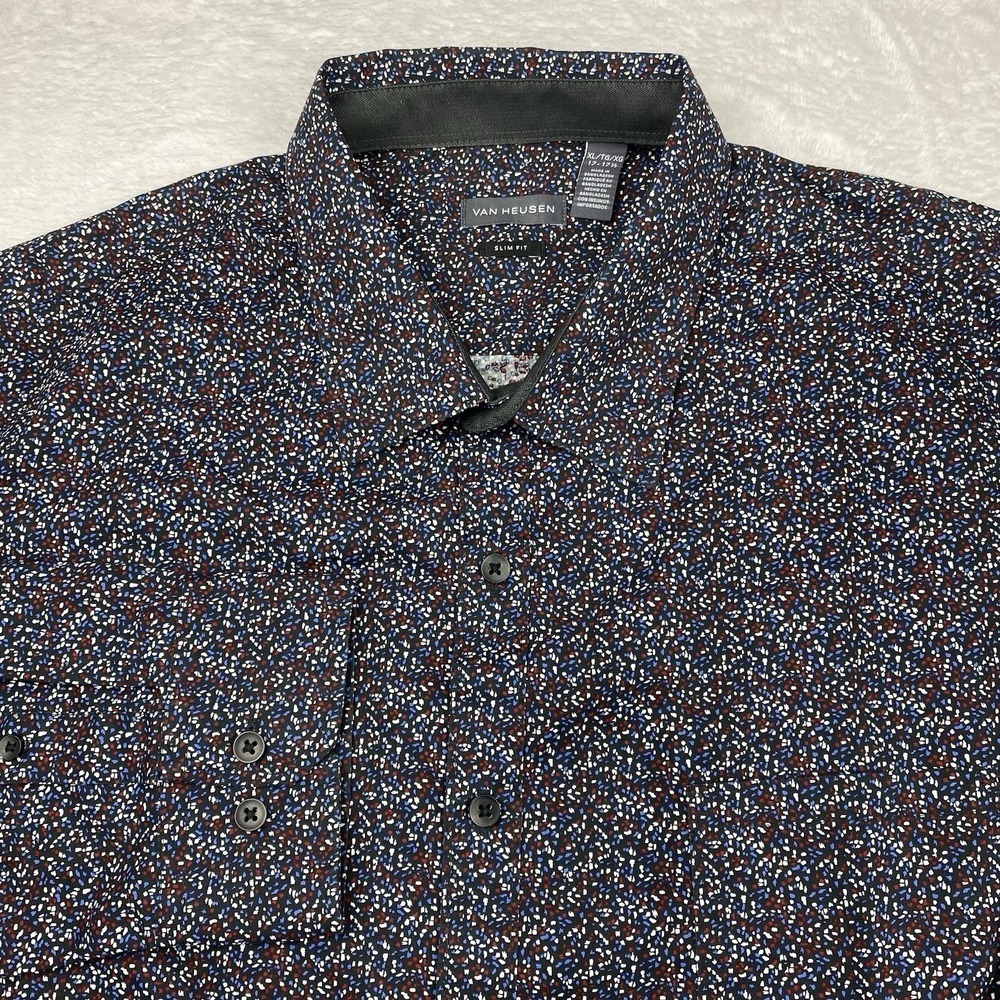Van Heusen Shirt Mens XL 17-17.5 Black Geometric Print Slim Fit Never Tuck NEW!